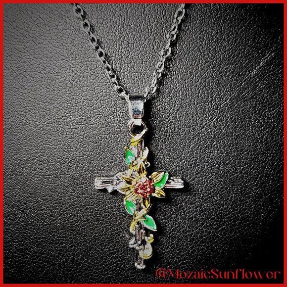 NEW Silver Cross With Sunflower & Amber Crystal Center Necklace - Picture 2 of 4